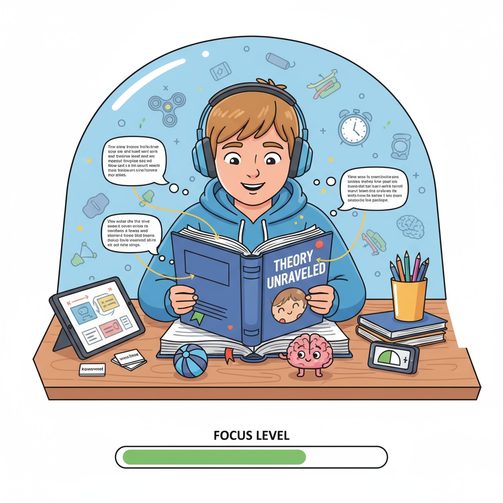 A student with attention deficit concentrating on theory study with the help of various learning tools A student with attention deficit using learning tools to study theory for better learning efficiency