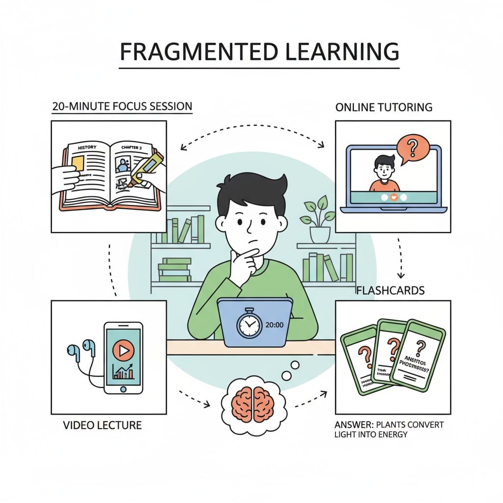 A person studying in short intervals with different learning materials during fragmented learning A person engaged in fragmented learning with various materials for improved learning efficiency in theory study