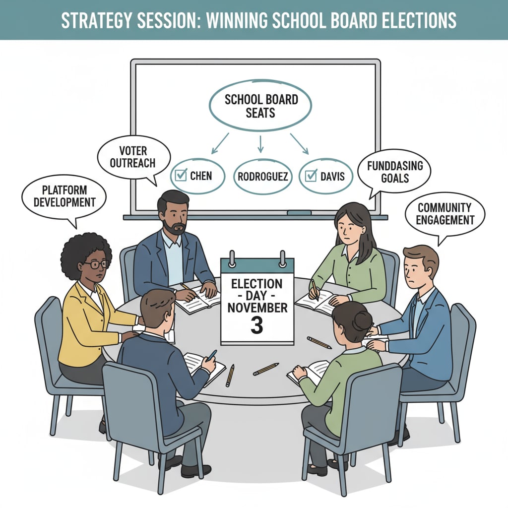 A group of diverse LGBTQ+ individuals are sitting around a table, engaged in a serious discussion about strategies for school board elections. There are papers and notes spread out, and everyone seems focused on the goal of winning seats on the school board. A group of LGBTQ+ individuals discussing school board election strategies to counter far - right education policies
