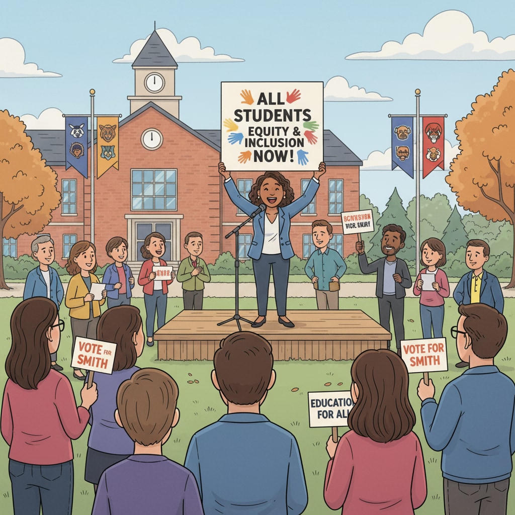 An enthusiastic LGBTQ+ candidate is standing on a small stage, speaking passionately to a crowd at a school board election rally. The candidate is holding a sign with inclusive messages, and the audience is listening intently. An LGBTQ+ candidate addressing a rally during school board elections to promote inclusive education against far - right policies