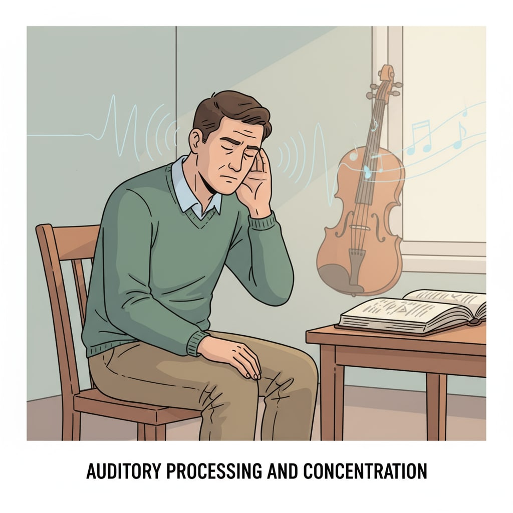 A person is sitting in a quiet room, with a serious look on their face, listening intently to the soft sound of a violin playing in the background. A person listening to a violin that was initially mistaken for crying.