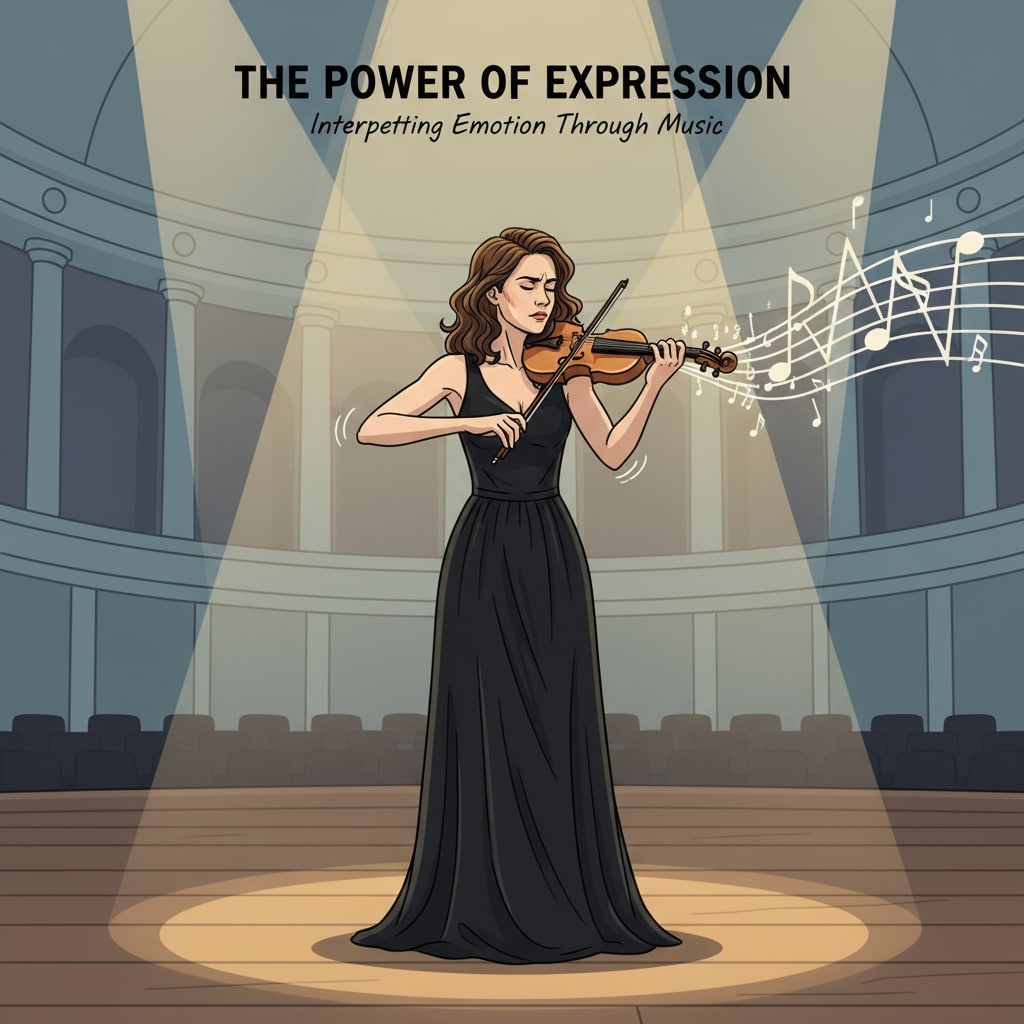 A violinist is standing on a stage, illuminated by soft spotlights. The violinist is deeply engaged in the performance, with a focused expression, playing a piece that could potentially be misinterpreted as a cry. A violinist performing on stage, whose music might be mistaken for crying.