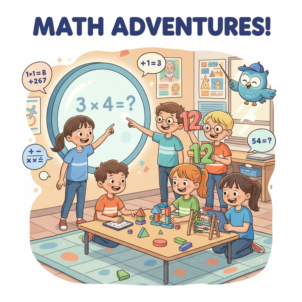 A group of 9-year-old children are actively participating in a math learning activity, showing enthusiasm and engagement. 9-year-old children engaged in math learning activity related to children's math, learning programs, and math difficulties