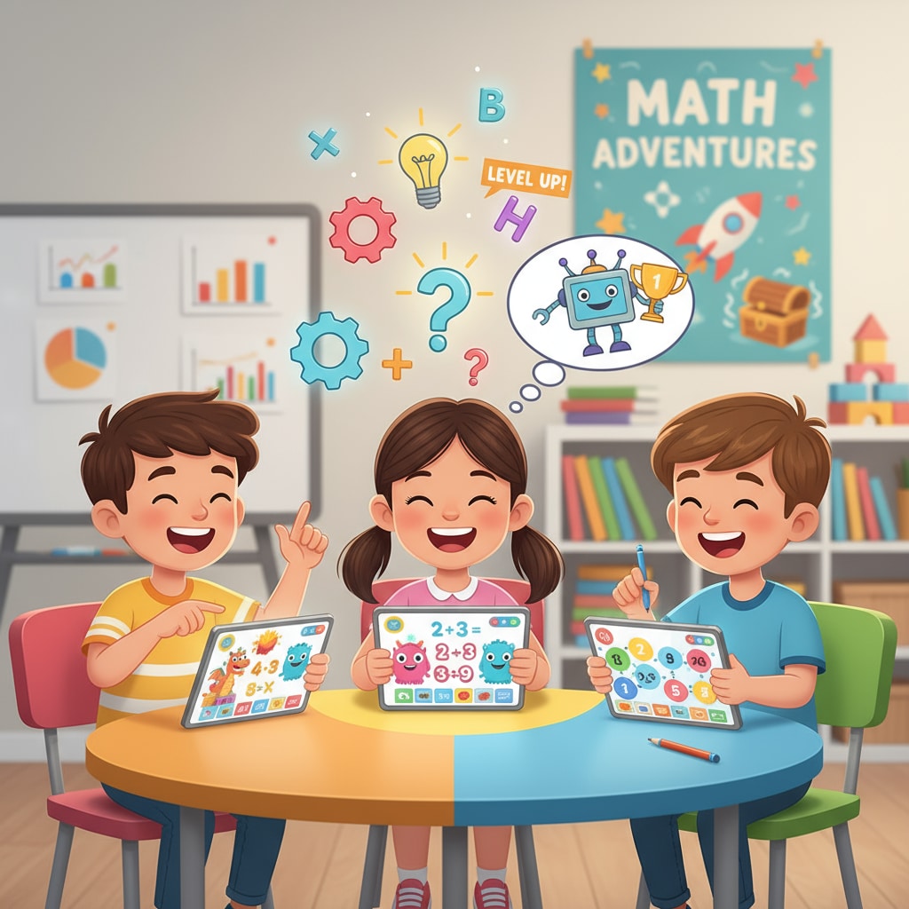 Children are enjoying playing a math-based game on tablets, demonstrating the concept of game-based learning in math education. Children playing math game on tablets relevant to children's math, learning programs, and math difficulties