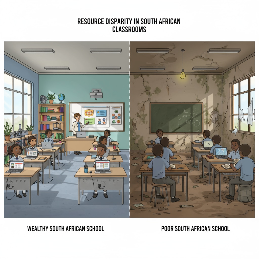 A side - by - side comparison of a modern, well - equipped classroom in a wealthy South African school and a dilapidated classroom in a poor area, highlighting the difference in resources. Comparison of educational resources in wealthy and poor South African schools