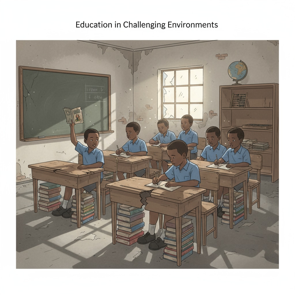 A group of students in a poor South African school sitting on broken desks, with few teaching materials visible, showing the challenging learning environment. Students in a disadvantaged South African school facing resource shortages