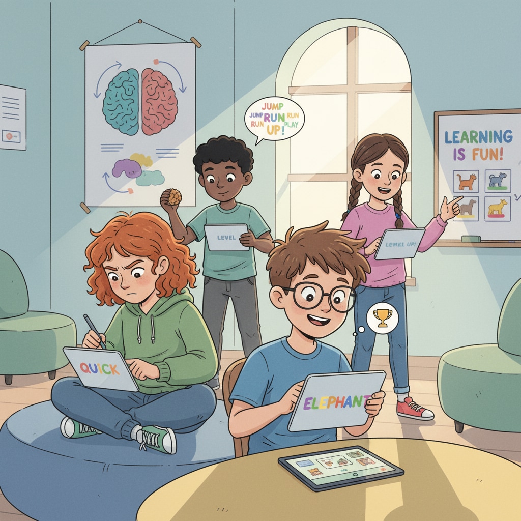 A group of ADHD children are using digital tablets with spelling learning applications. They look engaged in the learning process. ADHD children using applications for spelling learning