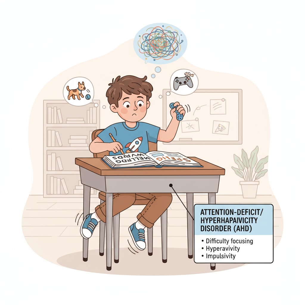 A young child with ADHD is fidgeting at a desk while a spelling book is open in front of them. Child with ADHD showing restlessness during spelling lesson
