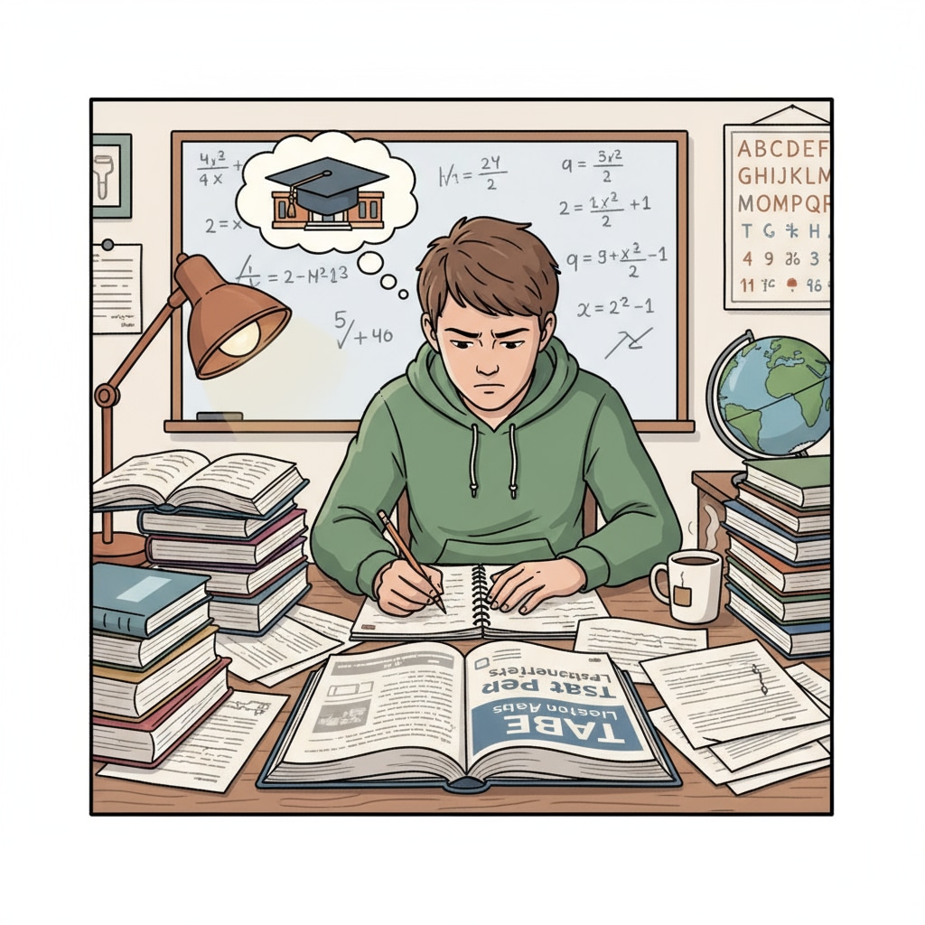 A young person is sitting at a desk, surrounded by books and papers, studying intently for the TABE test. A young person studying for the TABE test related to firefighter and EMT training
