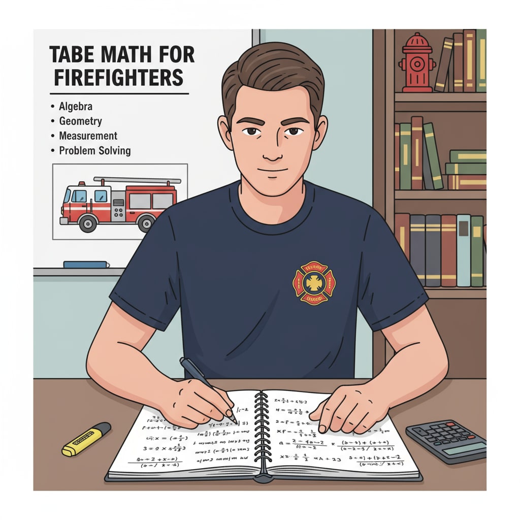 A person is looking at a notebook filled with math equations that are relevant to the TABE test for those training to be firefighters. A person studying math equations for TABE test in the context of firefighter and EMT training