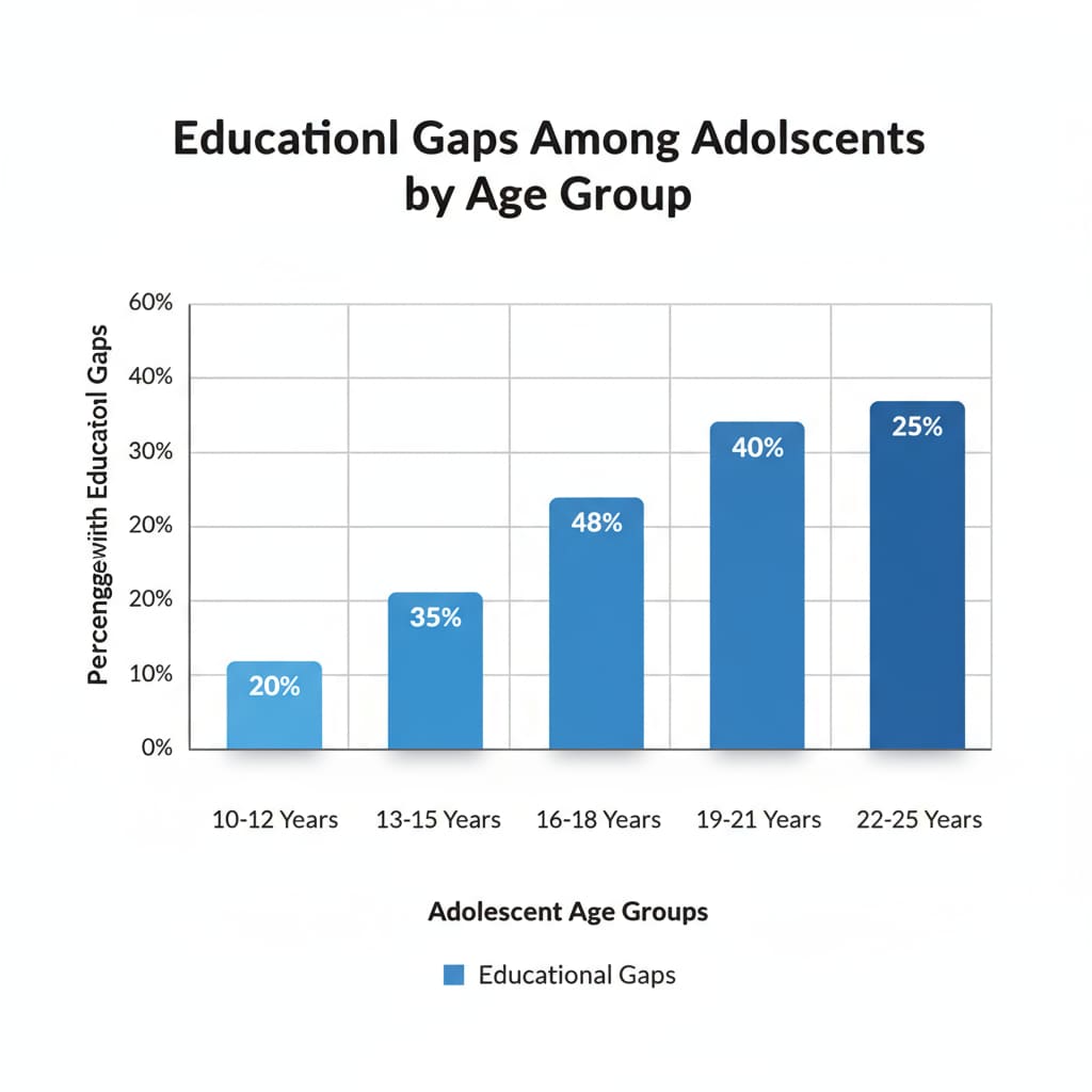 A bar graph with different age groups of adolescents on the x-axis and the percentage of those with educational gaps on the y-axis. Graph showing the prevalence of educational gaps among adolescents