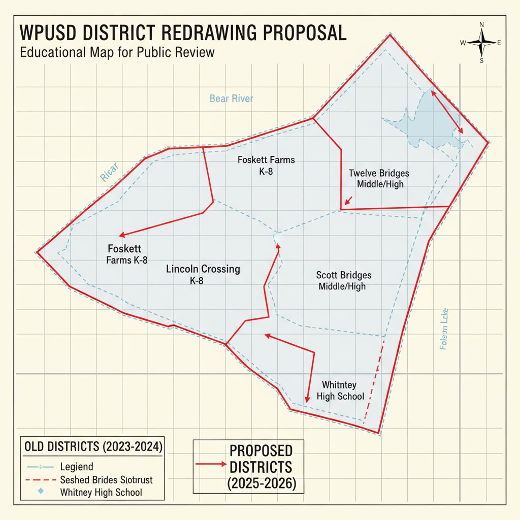 A map presenting the new and old boundaries of WPUSD school districts to show the proposed redrawing. Map of WPUSD school district boundary redrawing
