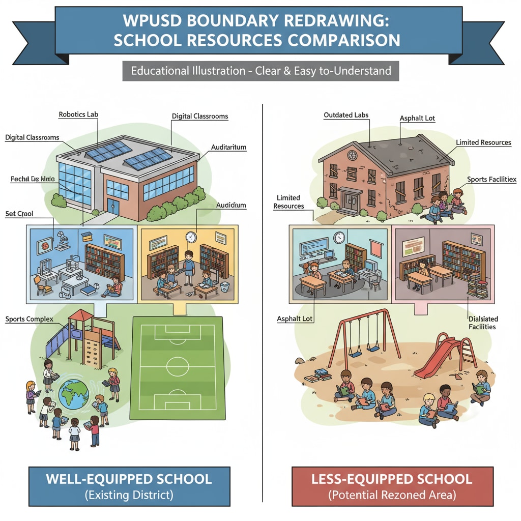 Photos comparing a well - equipped school in an existing district and a less - equipped school in a potential rezoned area related to WPUSD boundary redrawing. Comparison of school facilities in WPUSD boundary redrawing areas