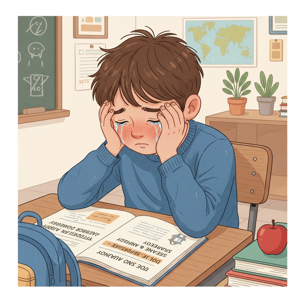A child is shown looking sad after finding out that the school has exposed their family's divorce information in the directory. This visual represents the immediate emotional impact on the child. A sad child due to school directory privacy breach of divorced family information