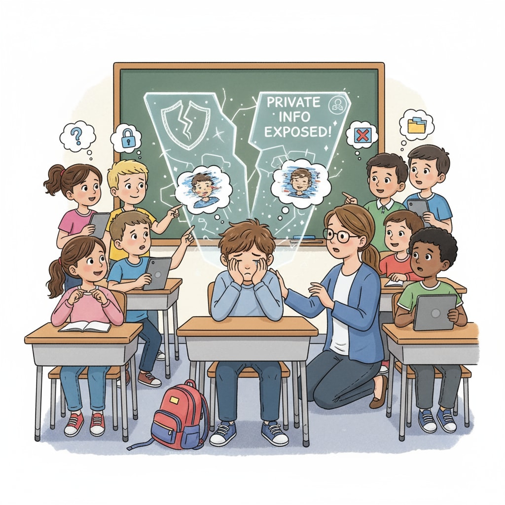 A classroom scene with students, where one child appears distressed. This image symbolizes the impact of privacy breach on a child's school environment. Impact of school directory privacy breach on a child in the classroom
