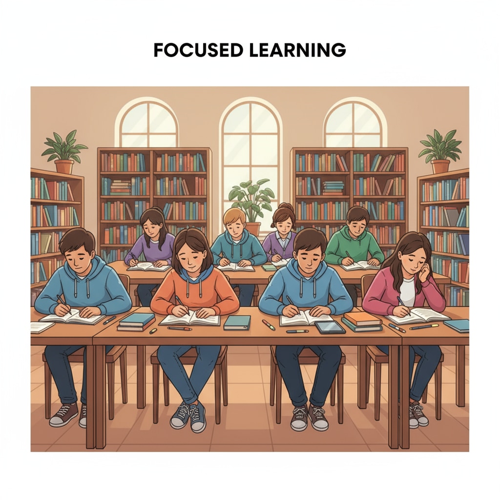 High school students are studying in a library. They are sitting at tables, focused on their textbooks and notebooks, showing concentration during their study time. High school students concentrating on baccalauréat preparation with effective time management in a library