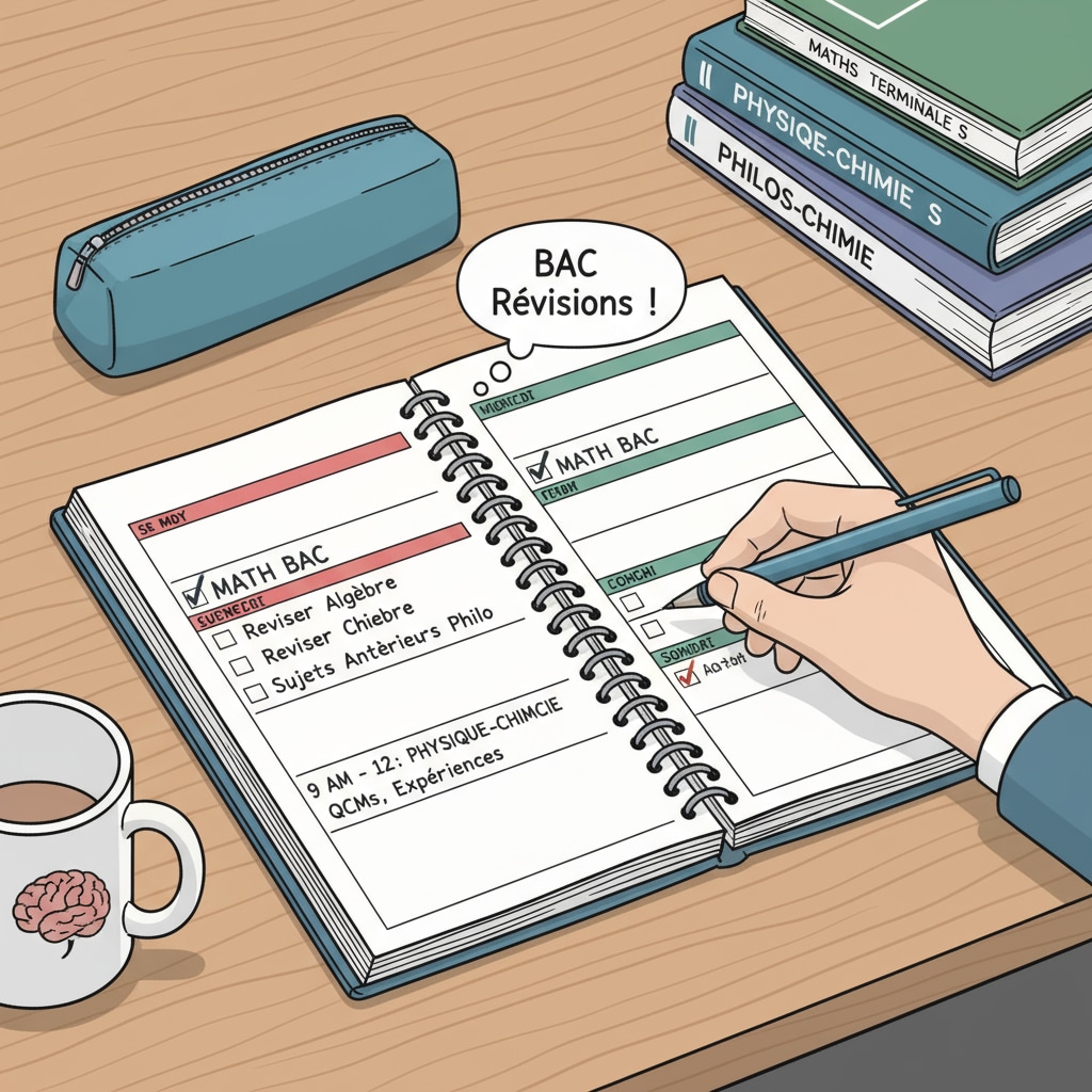 A student is sitting at a desk with a planner open. They are using a pen to mark study time slots and tasks related to baccalauréat preparation, indicating good time management skills. A student using a planner for baccalauréat preparation time management