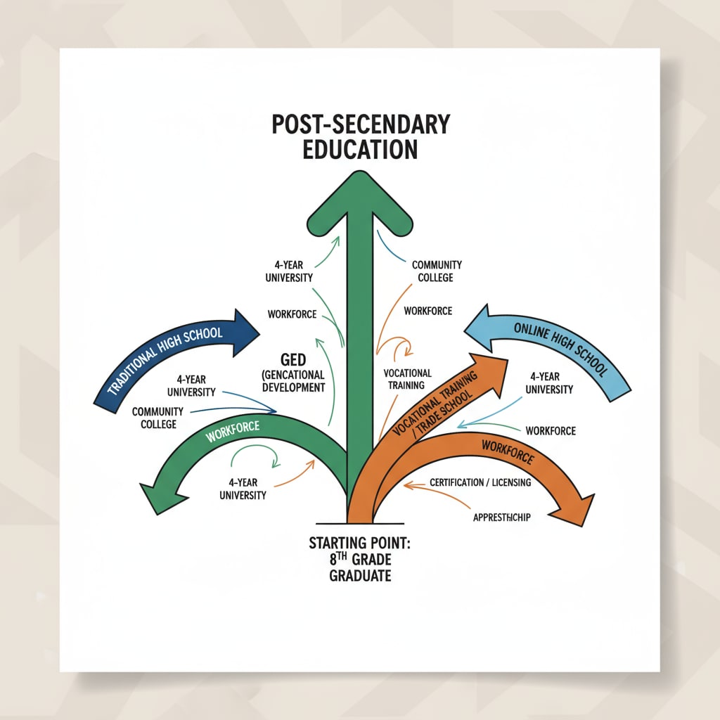 An illustration depicting various educational paths such as arrows pointing to different directions representing traditional high school, GED, vocational training, and online high school. An image showing different educational pathways branching out related to diplomas, GED, and alternative options