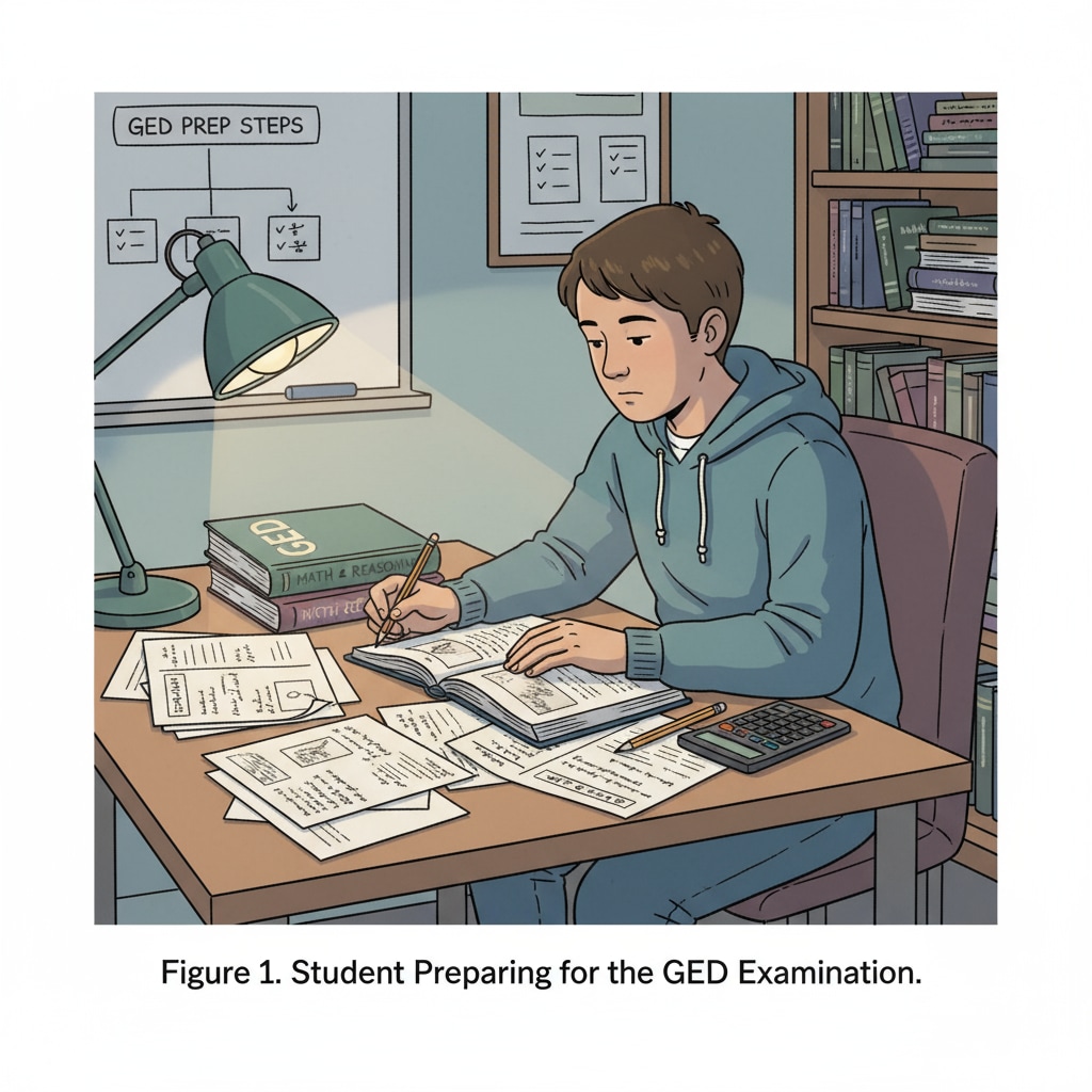 A photograph of a student sitting at a desk, focused on studying materials related to the GED test with books and papers spread out. A student studying for the GED test at a desk in relation to diplomas, GED, and alternative options