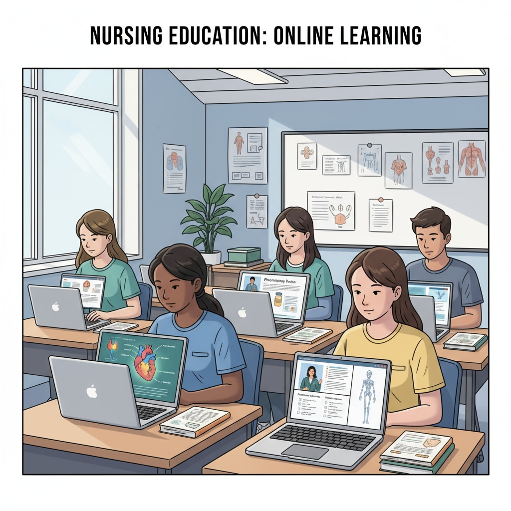 A group of students are sitting at their desks, using laptops to study nursing courses online. The screens show various nursing teaching materials such as anatomical diagrams and lecture slides. Students studying online nursing degree programs without ACT/SAT requirements