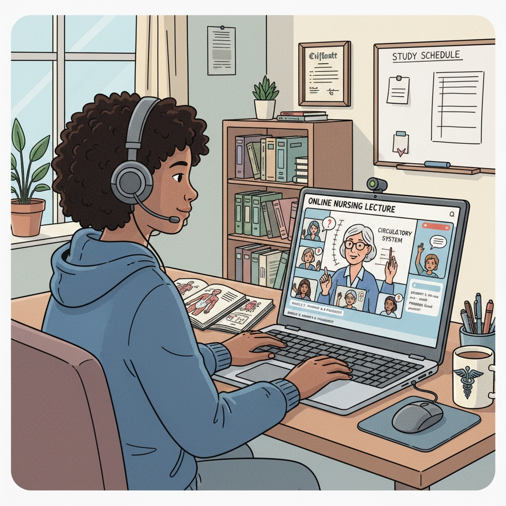 A single student is sitting in a room, attending an online nursing class. The laptop screen displays a virtual classroom with a professor giving a lecture and other students participating in discussions. Student attending an online nursing class for a degree program not requiring ACT/SAT