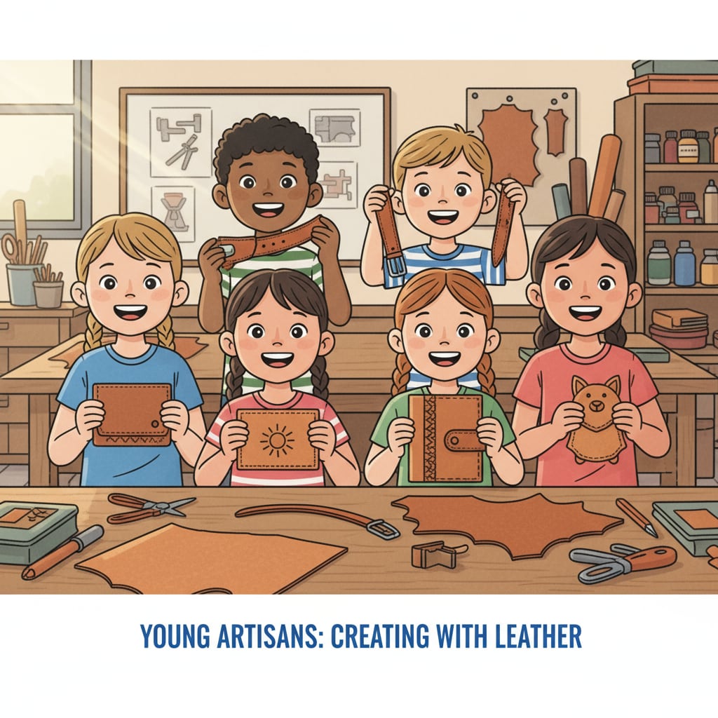 A group of children are smiling brightly while holding various leather crafts they have made, showing their pride and joy. Children engaged in leather craft education, displaying their creations.