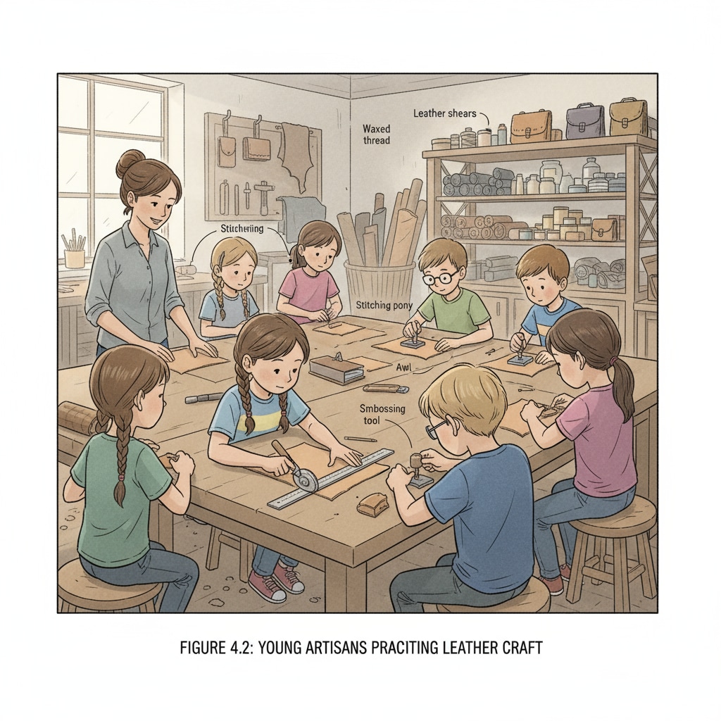 Children are intently focused on their leather craft projects, carefully cutting, stitching, and decorating the leather. Children concentrating on leather craft education activities.