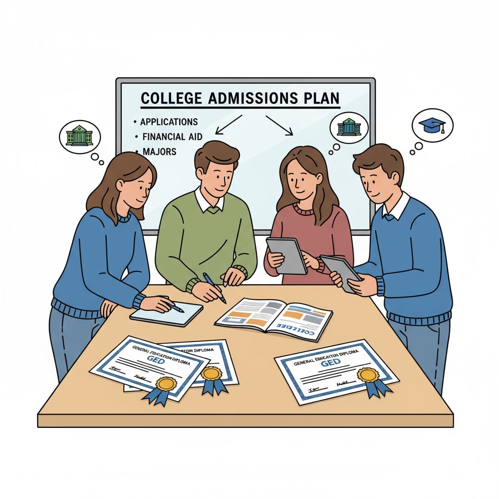 A group of students are gathered around a table, discussing their college admission plans with GED certificates visible on the table. GED holders discussing their entry into four-year colleges