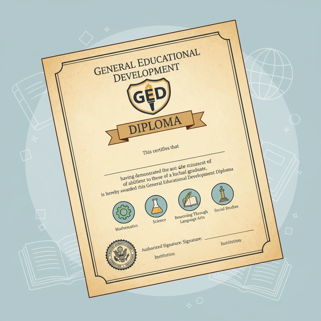 A clear, close-up view of a GED certificate, showing the details of the qualification. A close-up of a GED certificate for four-year college entry consideration