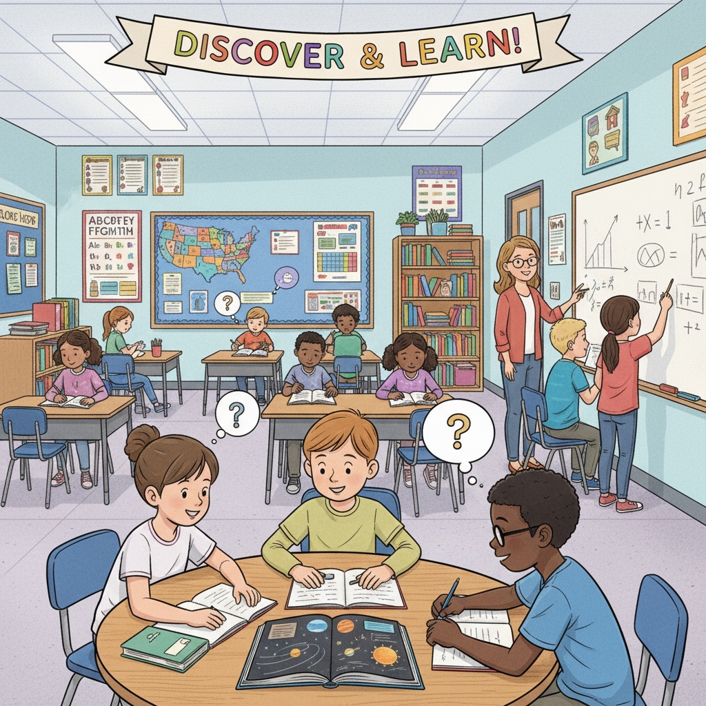 A classroom scene in a US public school with students actively participating in learning activities. Students in a US public education classroom, highlighting the environment related to parent complaints, teacher feedback, and ideological disputes.