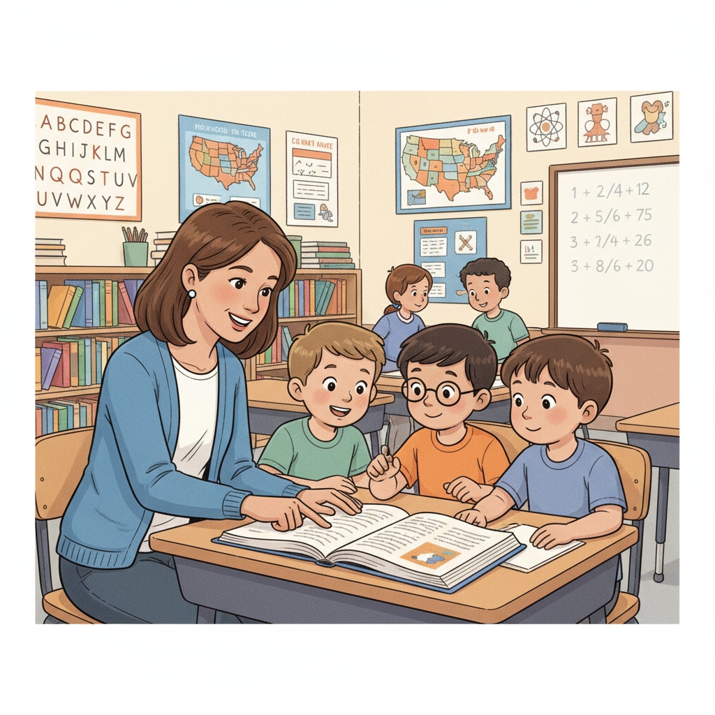 A teacher engaging with students, showing the interaction in a US public education setting. A teacher in a US public school, demonstrating aspects related to teacher feedback and the overall education system including parent complaints and ideological disputes.