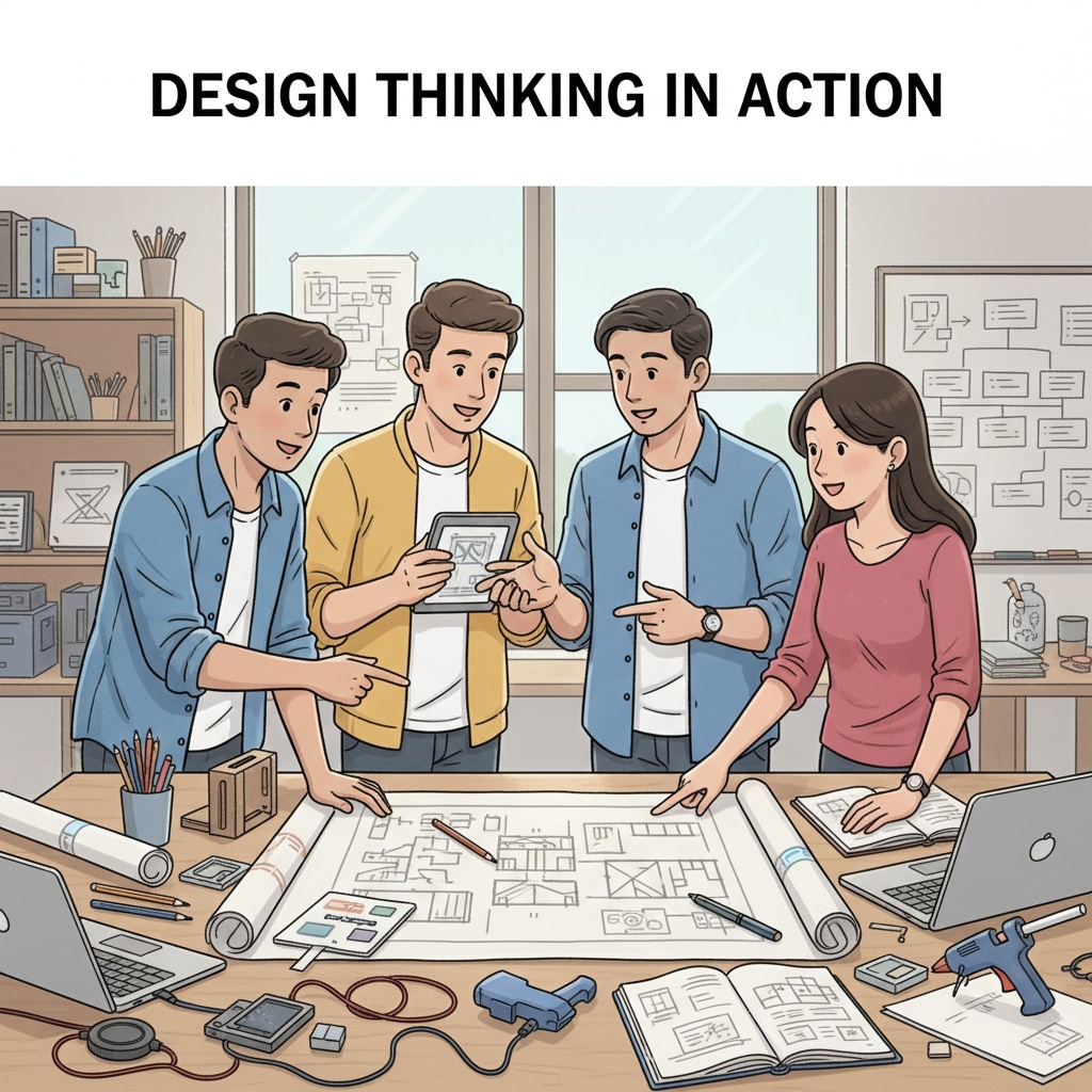 A group of students in a design studio discussing ideas, with various design tools and sketches on the table. Indian artists discussing design ideas in a studio, related to Turkish study abroad, English-taught programs, design majors