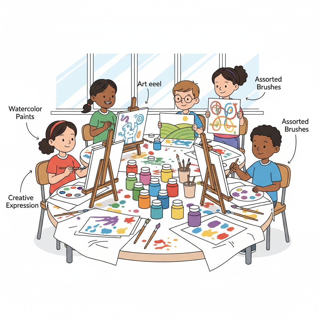Students in a K12 art class painting, with different colored paints and brushes, showing their creative process. K12 students engaged in art painting, relevant to Turkish study abroad, English-taught programs, design majors