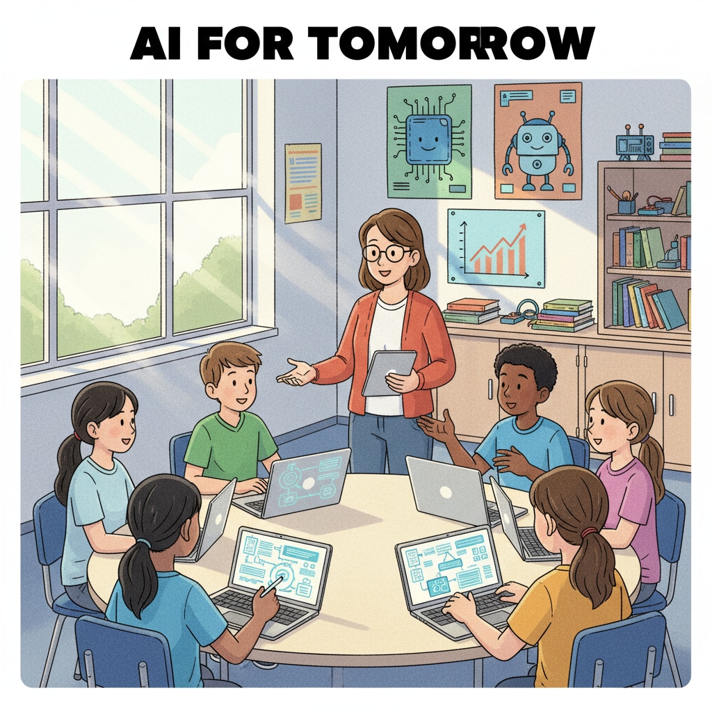 Students in a K12 classroom are engaged in a discussion about an AI project, with laptops open showing AI-related content. K12 students discussing an AI project in the context of artificial intelligence education inspired by ChatGPT and university courses