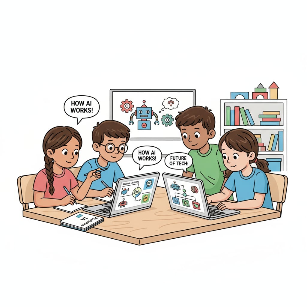 A group of K12 students are gathered around laptops, intently learning about AI concepts, with some students taking notes. K12 students learning about AI as part of artificial intelligence education similar to what's covered in university courses
