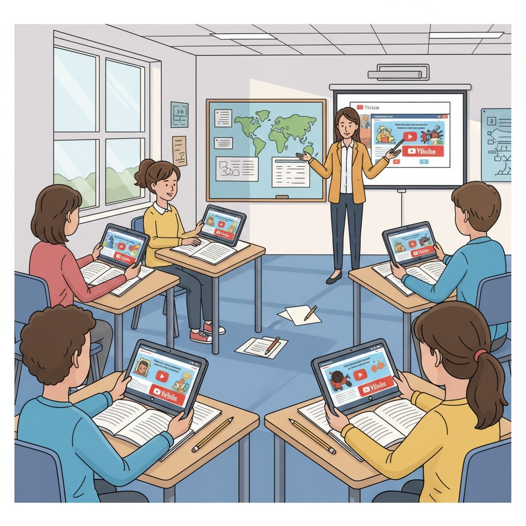 A group of students sitting in a classroom, watching educational videos on YouTube on their tablets. Students in a classroom watching YouTube educational videos for subject teaching