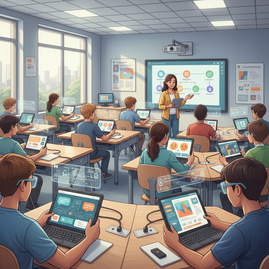 A group of students are using various AI tools such as tablets and software in a modern, well-equipped classroom. Students in a modern classroom utilizing AI education tools as part of their learning with lifetime membership and course certification opportunities.