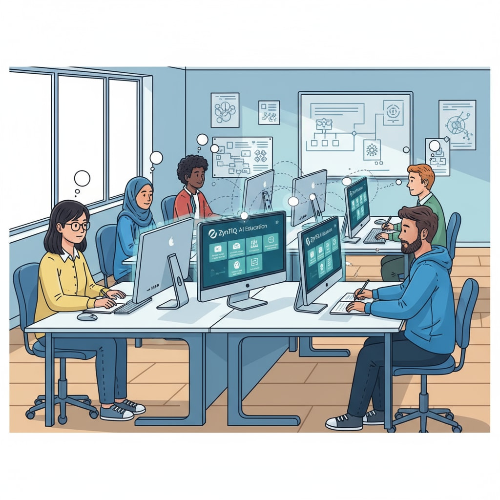 Students are seen sitting in front of their computers, eagerly accessing a wide range of online AI education courses provided by ZynTiQ. Students accessing ZynTiQ's AI education online courses as part of their lifetime membership journey with an eye on course certification.