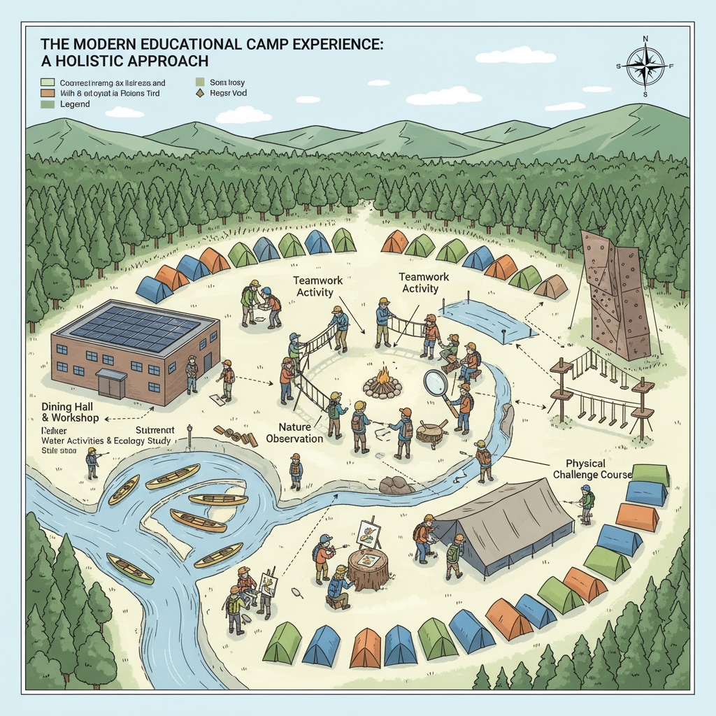An aerial view of a camp with students engaged in various activities, highlighting the scale and nature of camp experiences. Aerial view of a camp where outdoor education activities are taking place, related to Camp Ramah