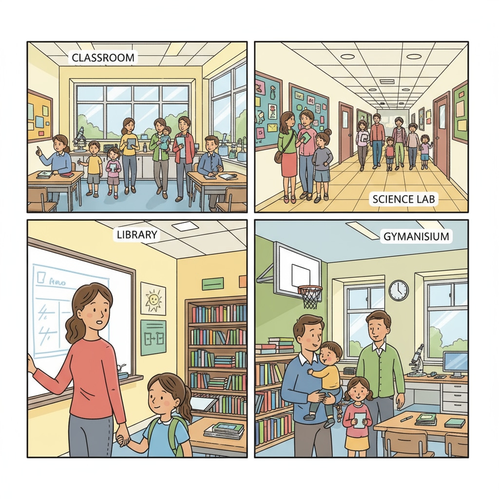 A group of parents and children are exploring a public school campus, looking at classrooms and various facilities to assess the educational environment. Parents and children exploring a public school for educational choice