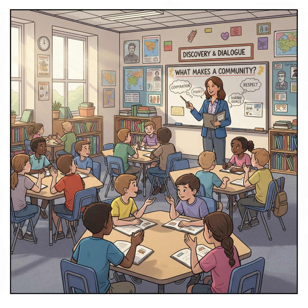 A classroom scene in a public school where students are actively involved in a discussion under the guidance of a teacher, showcasing the teaching and learning environment. Classroom teaching and learning environment in a public school for educational assessment