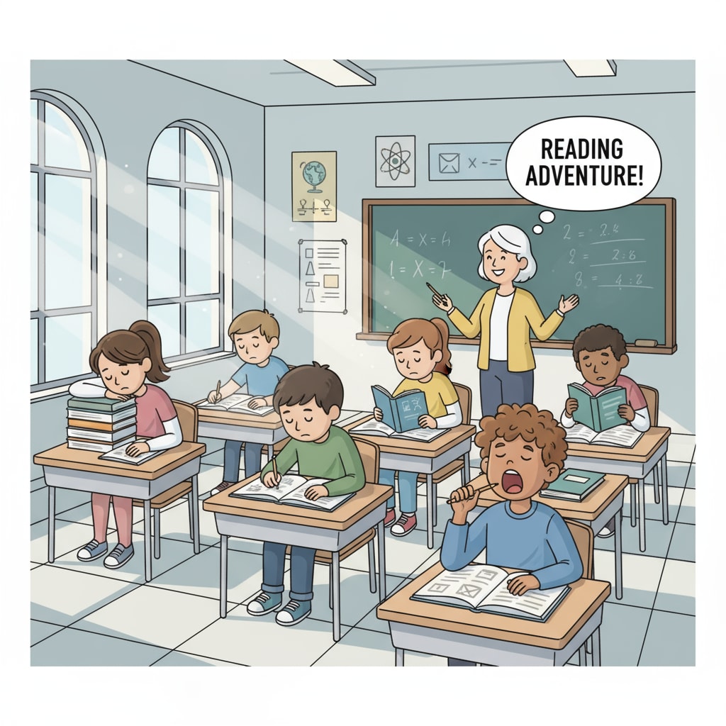 A group of students sitting in a classroom looking bored at the books in front of them, indicating a lack of interest in reading. Students showing disinterest in reading, related to literacy rate, democracy, and reading habits