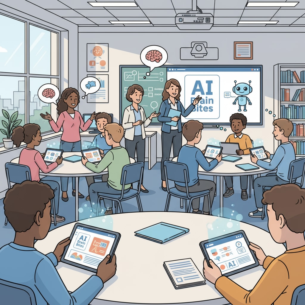 Students are interacting with educational content generated by AI Brain Bites in a classroom. Some are looking at tablets, while others are discussing the content in groups. Students engaging with AI Brain Bites educational content in a classroom