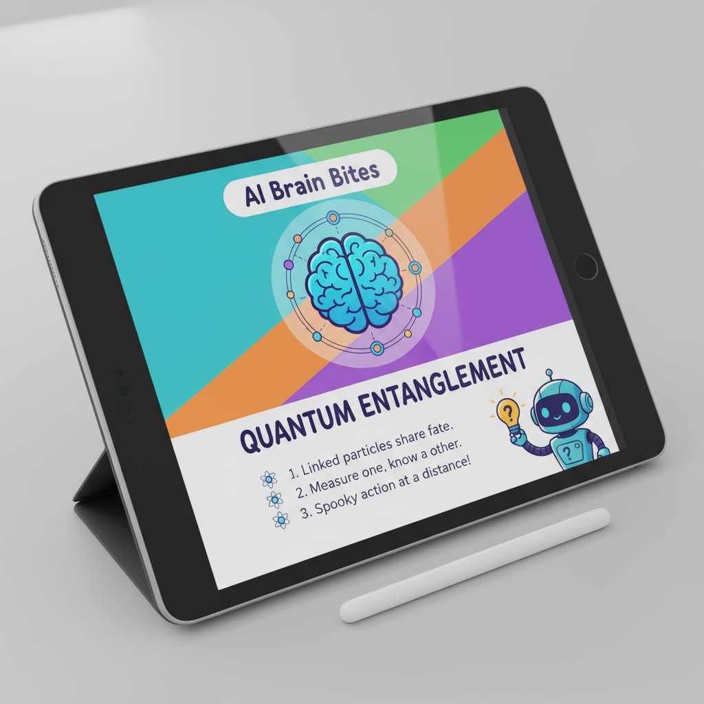 A close-up of a tablet screen displays an educational bite generated by AI Brain Bites. The screen shows a colorful graphic and some text about a scientific concept. Close-up of an AI Brain Bites-generated educational bite on a tablet