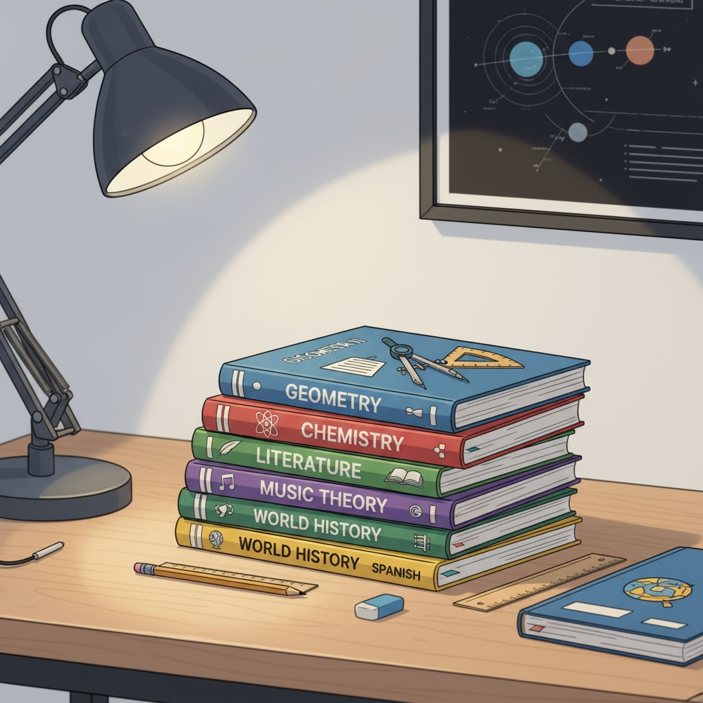 A stack of high school workbooks neatly arranged on a study desk, showing various subjects' workbooks. High school workbooks for basic knowledge review including algebra