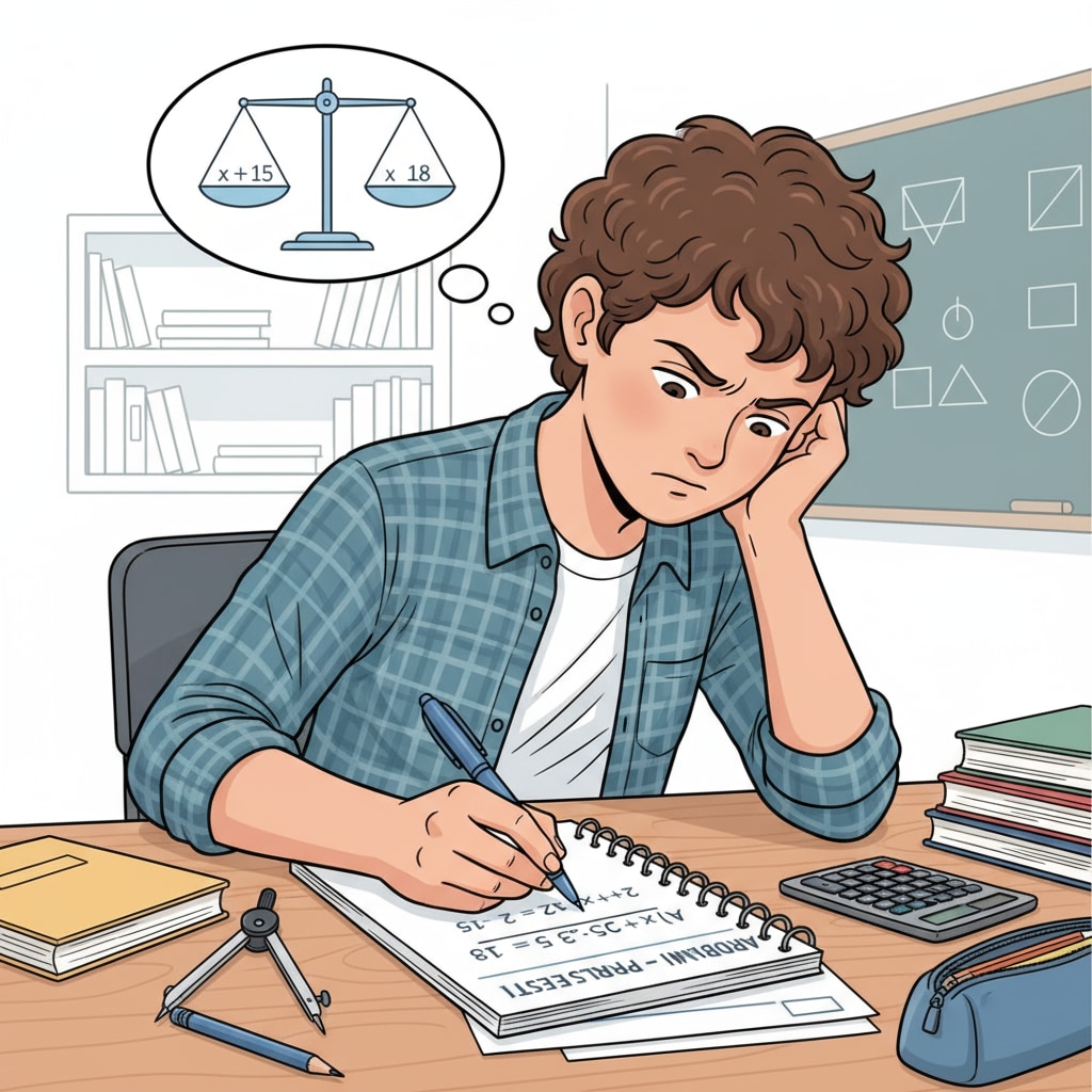 A student concentrating on solving algebra problems from a workbook, with a pen in hand and a focused expression. Student using an algebra workbook to review high school basic knowledge