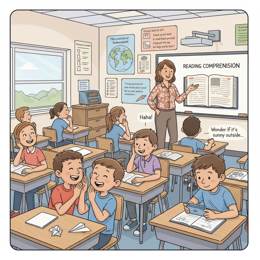 A middle school English classroom scene where some students are not following the teacher's instructions, with some students chatting and some looking distracted. A scene of student non - compliance with instructions in a middle school English classroom showing teaching dilemmas and possible special educational needs.
