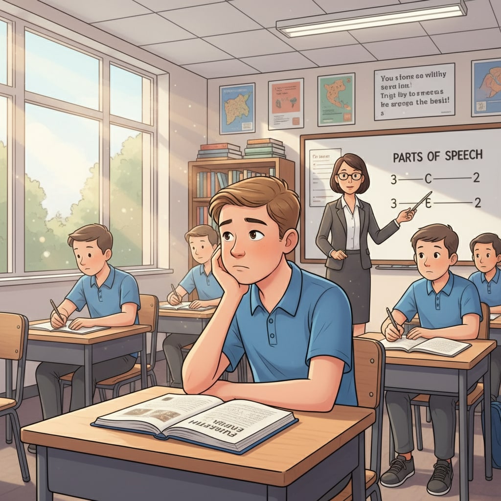 A student looking distracted in an English classroom, with a bored expression and not paying attention to the teacher's instructions. A student with signs of non - compliance in an English classroom highlighting teaching challenges related to special educational needs.