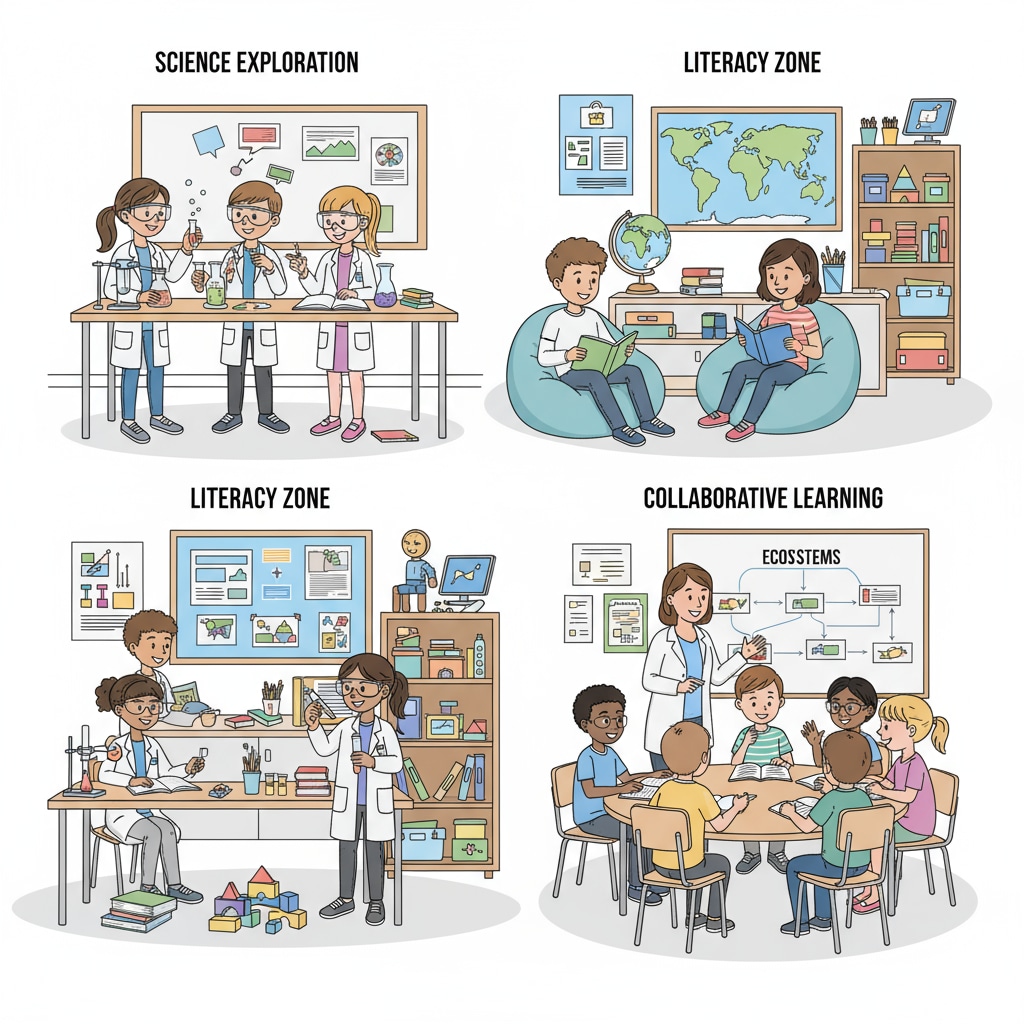 A group of K12 students are seen actively participating in different learning activities such as science experiments, reading books, and group discussions. K12 students engaged in various learning activities related to education, lifelong learning, and success