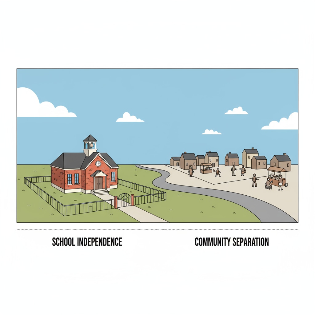 A small town school building stands by itself, with no visible connection to the community activities around it, representing school independence and community separation. A small town school building detached from the community, highlighting school independence and community separation in the context of youth programs